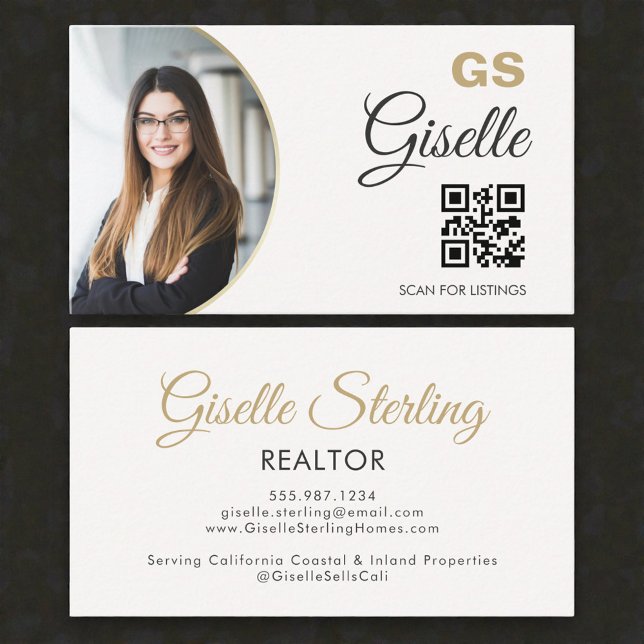 Cartão De Visita  Realtor Neutral Gold Photo Monogram QR Code  (Criador carregado)