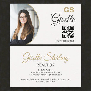 Cartão De Visita  Realtor Neutro Dourado Foto Monograma Código QR 