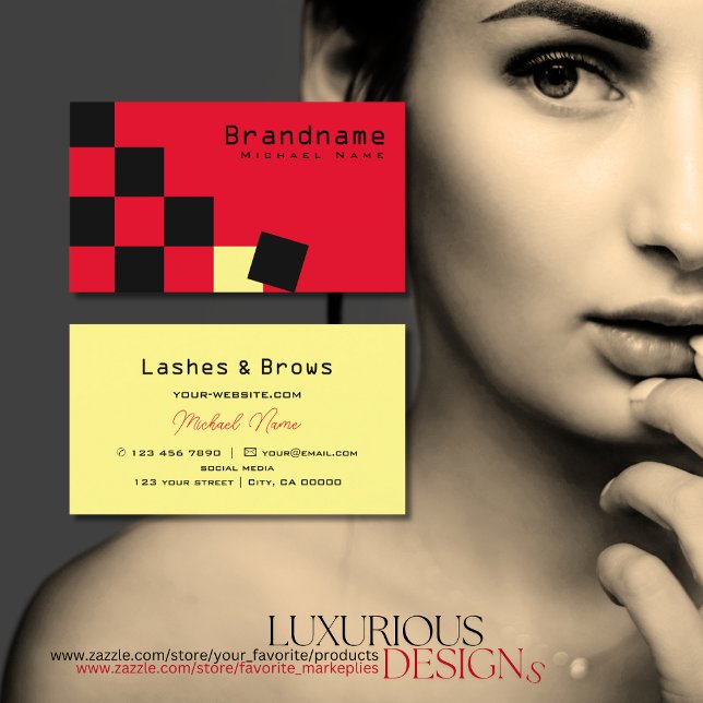 Cartão De Visita Red and Black Chessboard Light Yellow Professional (Criador carregado)