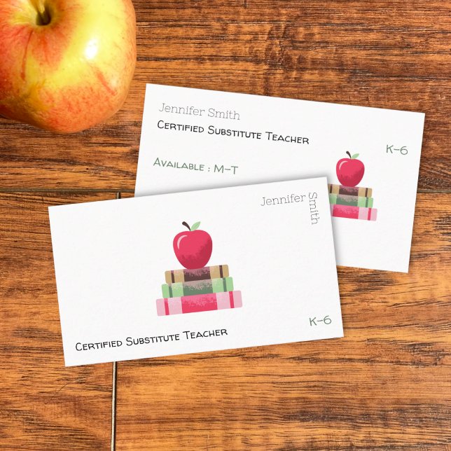 Cartão De Visita Red Apple and Books Modern Tutor Business Card (Red apple on book educator white double-sided business card .)