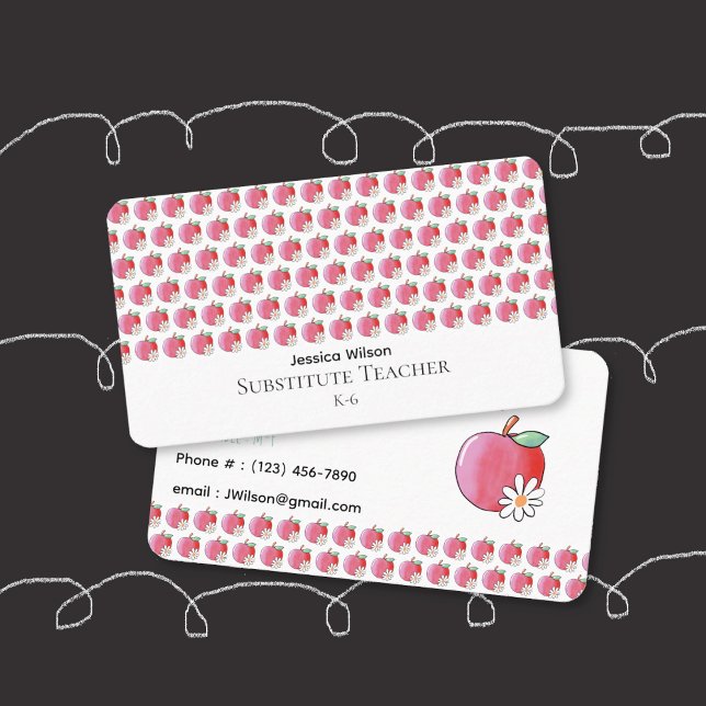 Cartão De Visita Red Apple and Daisy Pattern Teacher Business Card (Red apple and daisy pattern double-sided rounded business cards for educators .)