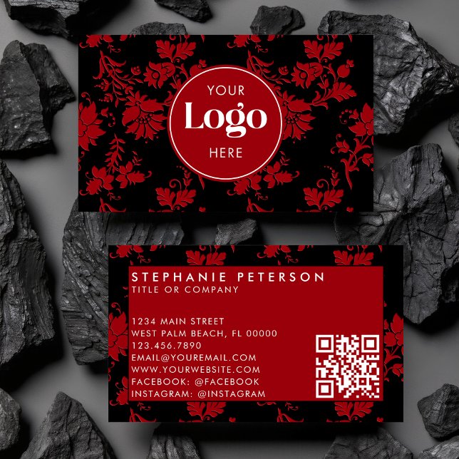 Cartão De Visita Red & Black Damask Custom Logo QR Code Template (Criador carregado)