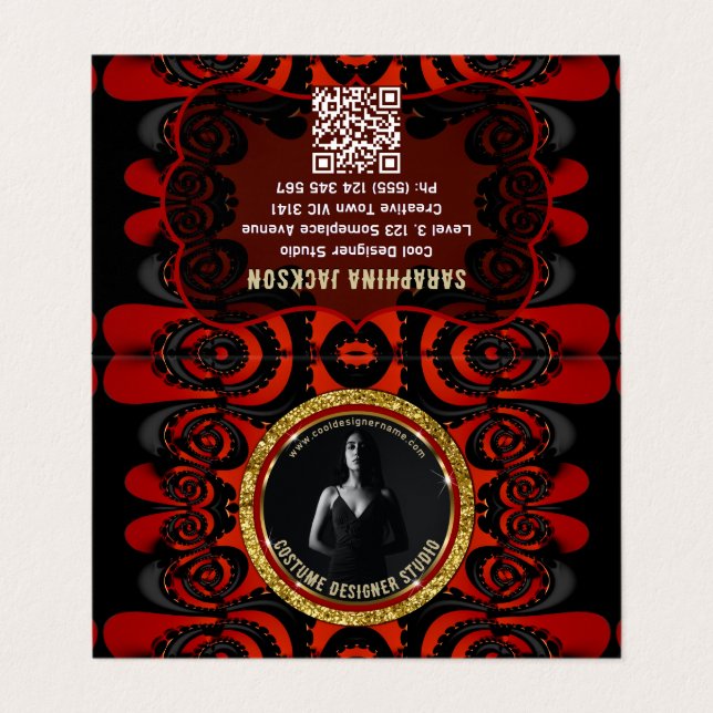 Cartão De Visita Red Black + Gold Funky Gothic Creative (Exterior Desdobrado)