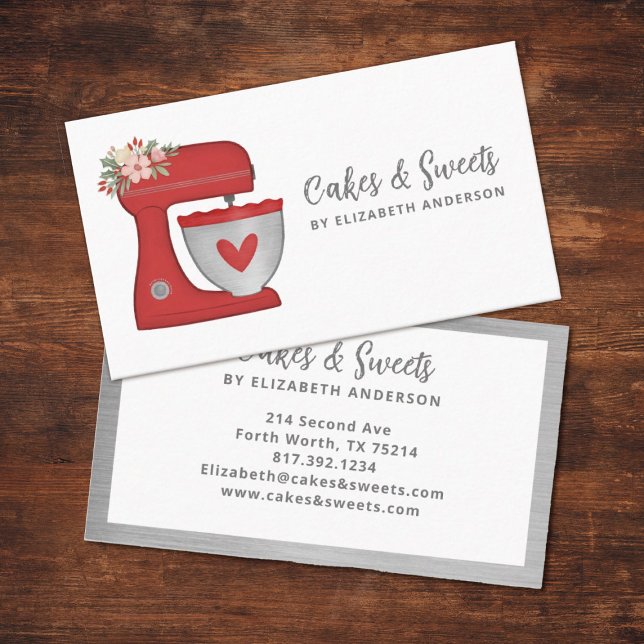Cartão De Visita Red Floral Cake Mixer Bakery Business Card (A cute red floral mixer business card. Personalize it with your name and business info.)