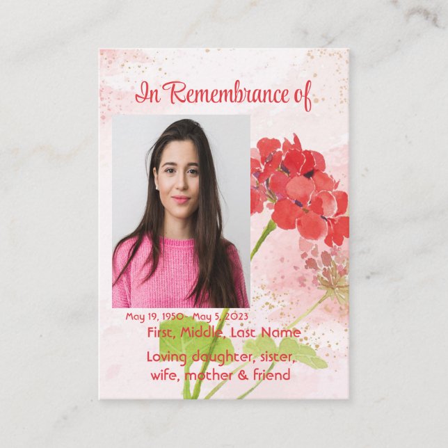 Cartão De Visita Red Geranium Memorial Pocket Keepsake (Frente)