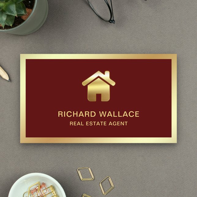 Cartão De Visita Red Gold Foil Home Logotipo Imobiliário Agent (Criador carregado)