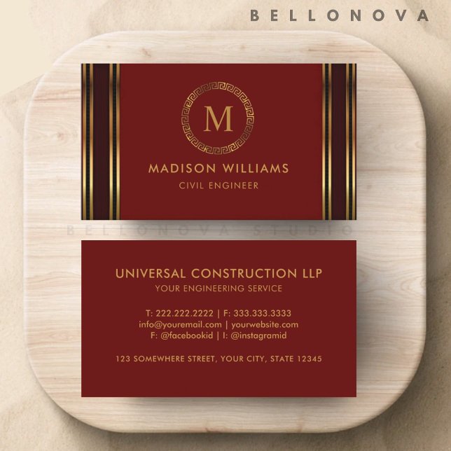 Cartão De Visita Red Maroon Dourado personalizável (Customizable Red Maroon Gold Professional Business Card)