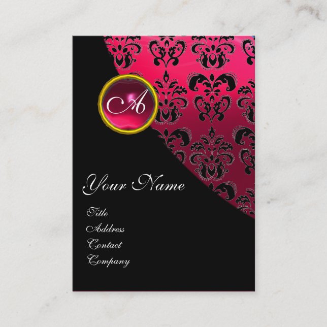 Cartão De Visita RED RUBY DAMASK MONOGRAM, Fúcsia (Frente)