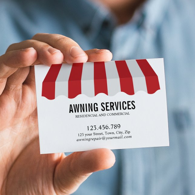 Cartão De Visita Red White Adwning Services Clearing Professional (Eye-Catching Red and White Awning Business Card with list of service)