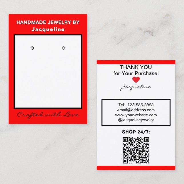 Cartão De Visita Red White Jewelry Earrings Website QR Code (Frente/Verso)