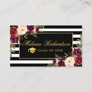 Cartão De Visita Rede de Graduação Burgundy Floral Dourada Striped