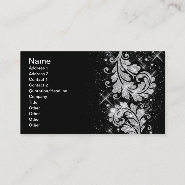 Cartão De Visita Redemoinhos florais do brilho elegante da prata do (Frente)