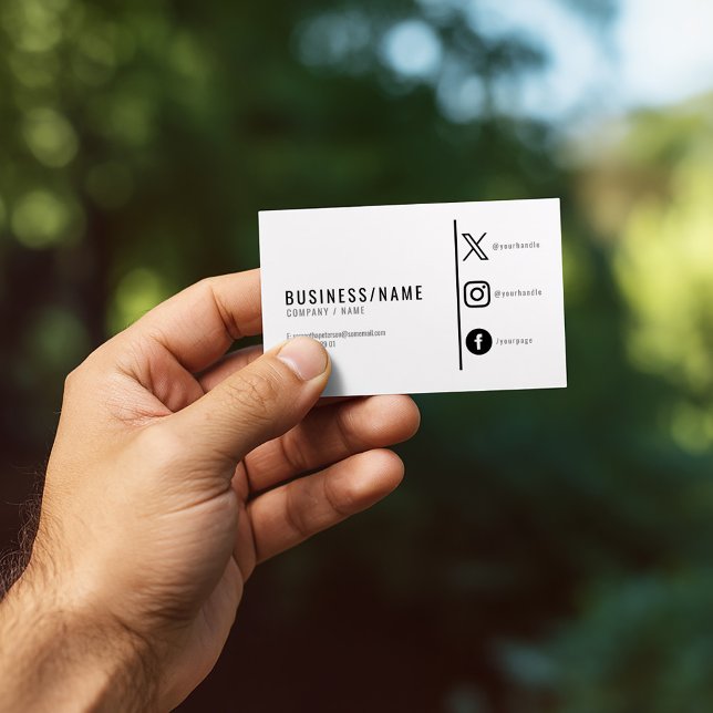 Cartão De Visita Redes sociais modernas, negras e brancas (Minimalist business card with bold text and social media icons.)