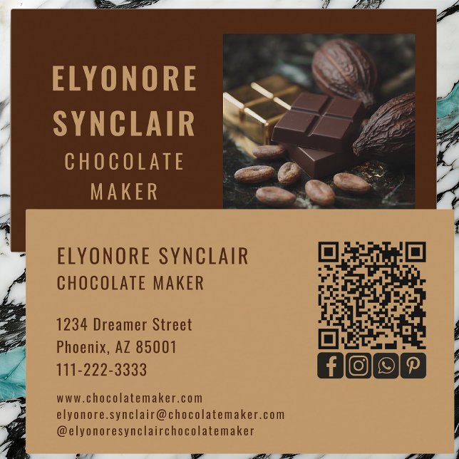 Cartão De Visita Refined Brown Chocolate Maker Photo Social QR Code (Criador carregado)