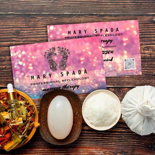 Cartão De Visita Reflexologia da Terapêutica de Massagem Rosa QRCod (Massage Therapy Reflexology Feet Rose Pink QRCode Business Card)