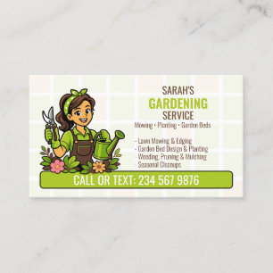 Cartão De Visita Regadora Verde Menina Jardineira QR Cuidado com o