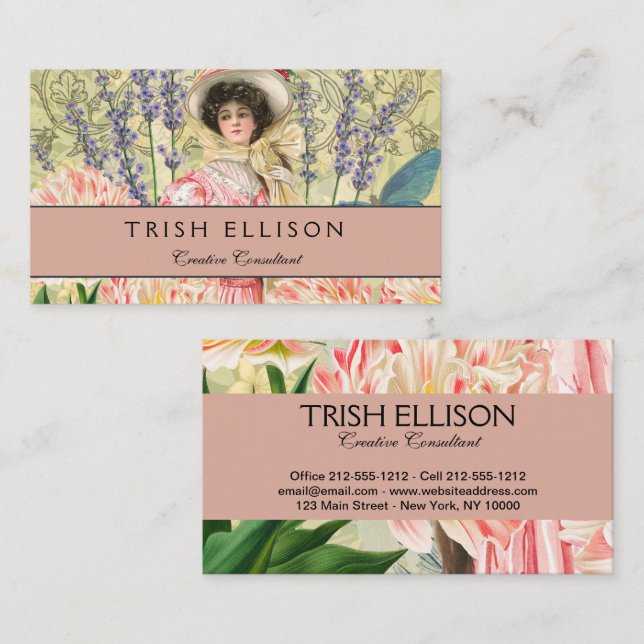 Cartão De Visita Regência de Mulher Vitoriana Flórida Rosa (Frente/Verso)