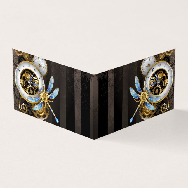 Cartão De Visita Relógio Steampunk com Dragonfly Mecânica (Exterior)
