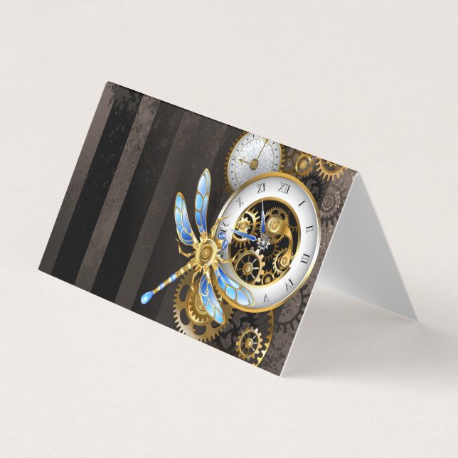 Cartão De Visita Relógio Steampunk com Dragonfly Mecânica (Frente)
