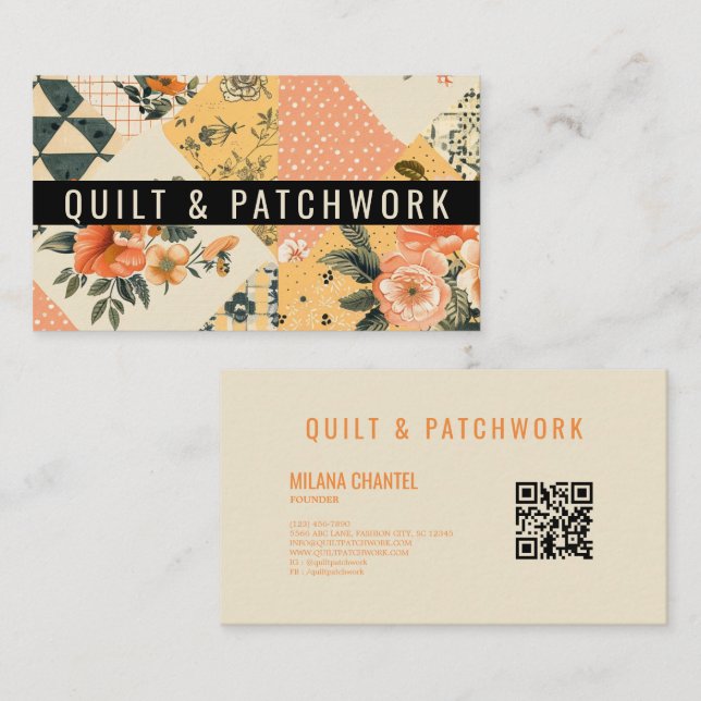 Cartão De Visita Remendo de Colcha Amarela de Pêssego Patchwork Rou (Frente/Verso)