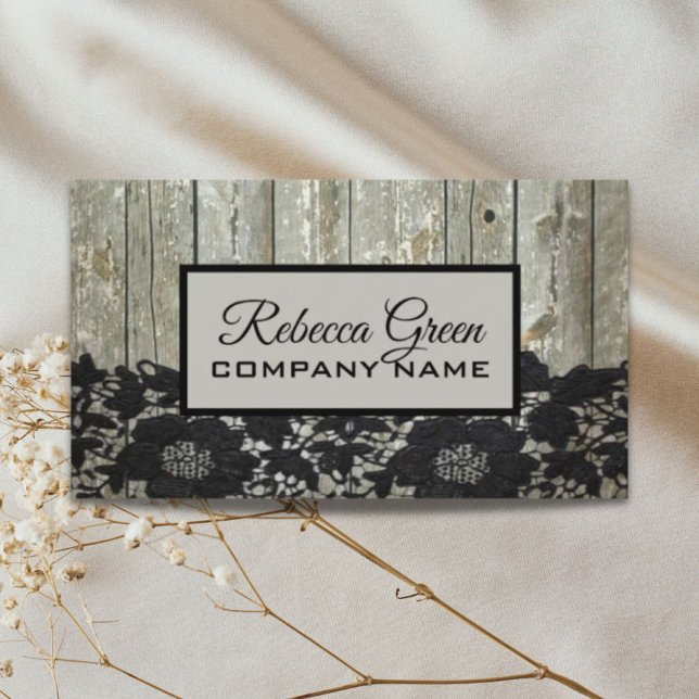 Cartão De Visita renda preta de madeira de galinha (rustic country chic barn wood black lace business card)