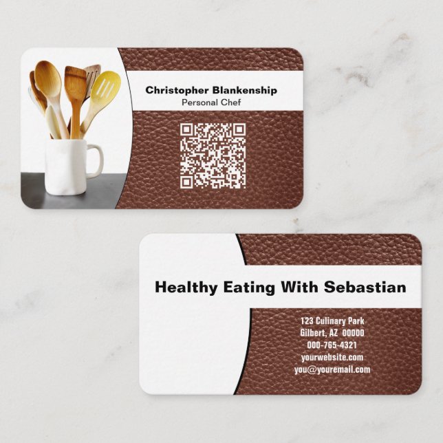 Cartão De Visita Replaceable Chef Spoons Photo on Leather QR Code (Frente/Verso)
