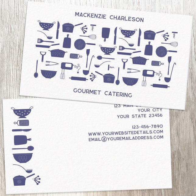 Cartão De Visita Restauração (Blue and white retro kitchen utensil catering, bakery, cafe, restaurant, cook ro chef business card)