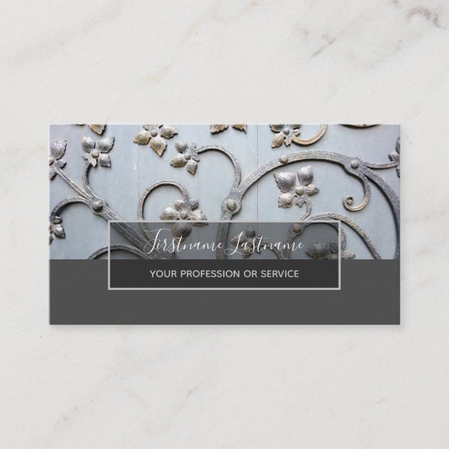 Cartão De Visita Retângulo de cinza de madeira com acessórios metál (Frente)