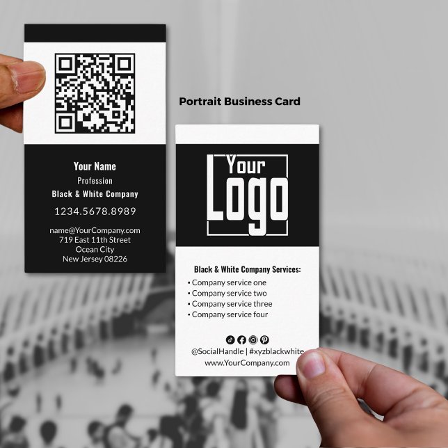 Cartão De Visita Retrato preto e branco moderno (Modern Black & White Portrait Business Card, Logo, QR code, Service List, Social)