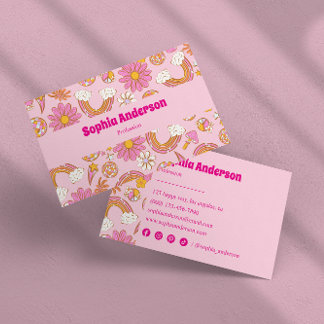 Cartão De Visita Retro 70s Groovy Pink Floral & Rainbow Funky