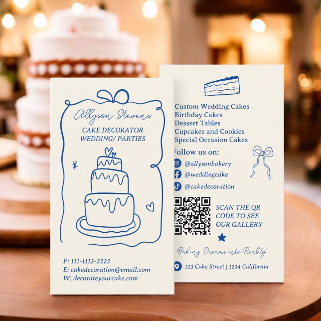 Cartão De Visita Retro azul francês Escrivores bolinhos decoradores (Retro blue French Scribbles cake decorator qr code Business Card)