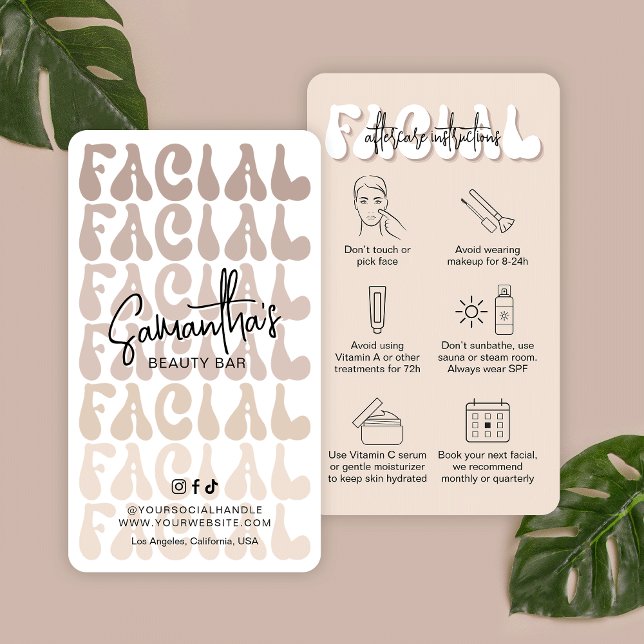 Cartão De Visita Retro Beige Trendy Faciy Instructions Salon (Modern facial after care cards in beige and white with retro fonts and care icons)