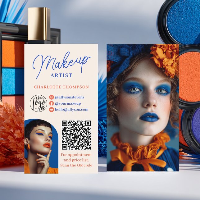 Cartão De Visita Retro Blue Orange Makeup Artist 2 Photos Qr Code (Retro Blue Orange Makeup Artist 2 Photos Qr Code Business Card)
