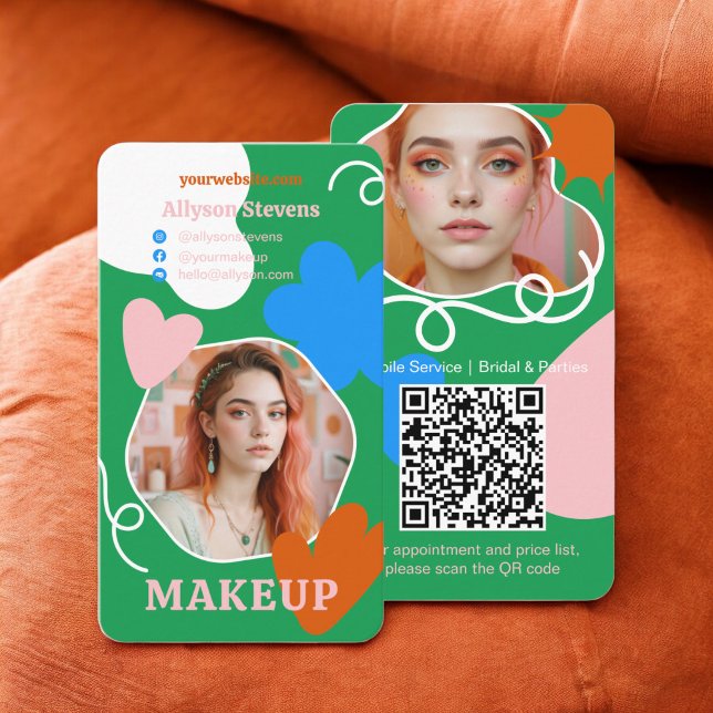 Cartão De Visita Retro boho Makeup Beauty forma fotografia qr code (Retro boho Makeup beauty shapes photo qr code Business Card green)