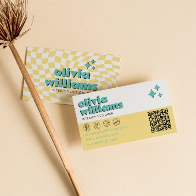 Cartão De Visita Retro Bold QR  Code Boho Groovy Checkered Unique (Criador carregado)