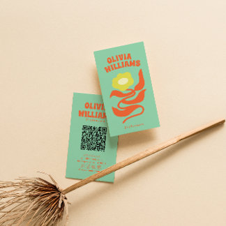 Cartão De Visita Retro Colorful QR Code Boho Groovy Floral Daisy