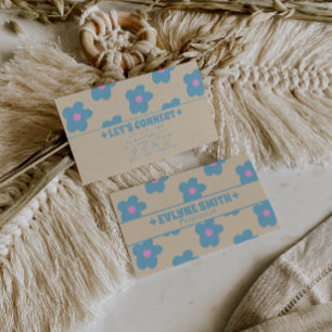 Cartão De Visita Retro Creme Azul Groovy Floral Boho Único 70s