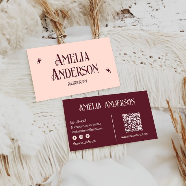 Cartão De Visita Retro Elegant Blush & Burgundy Qr Code (Criador carregado)