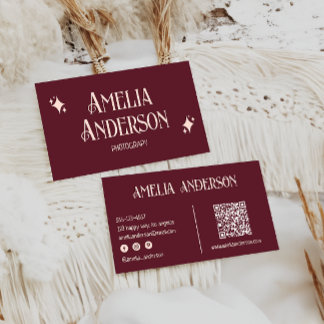 Cartão De Visita Retro Elegant Blush & Burgundy Qr Code