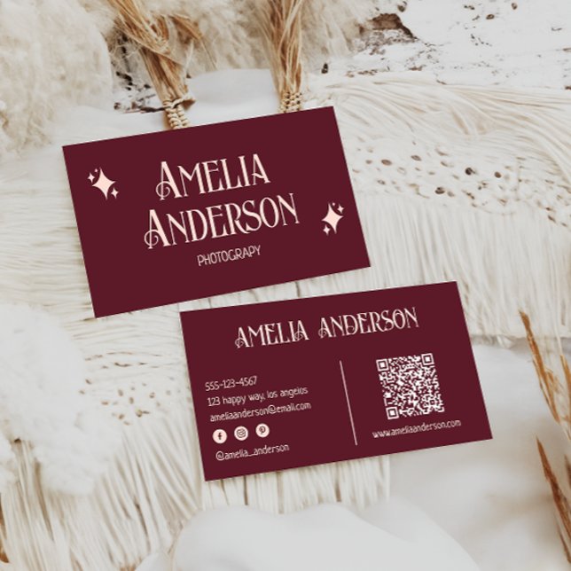 Cartão De Visita Retro Elegant Blush & Burgundy Qr Code (Criador carregado)