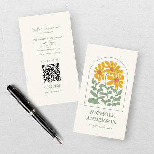 Cartão De Visita Retro Floral Amarelo e Verde 