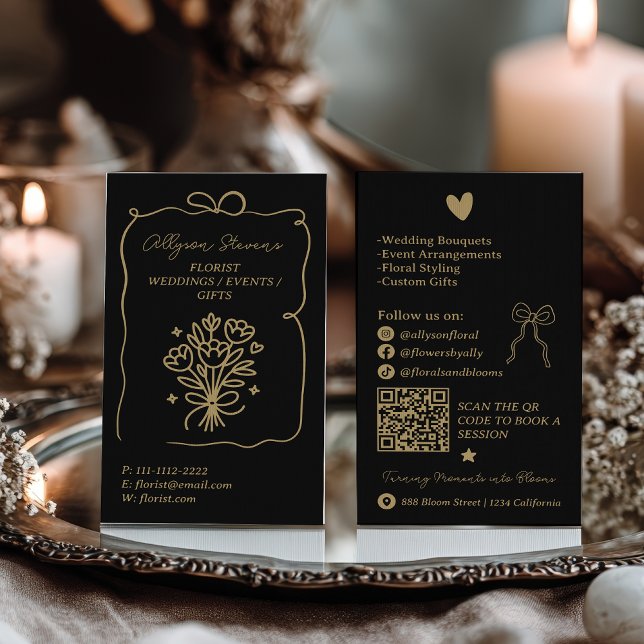 Cartão De Visita Retro Gold Black Doodles Florist Artist QR Code (Retro Gold Black Doodles Florist Artist QR Code Business Card)