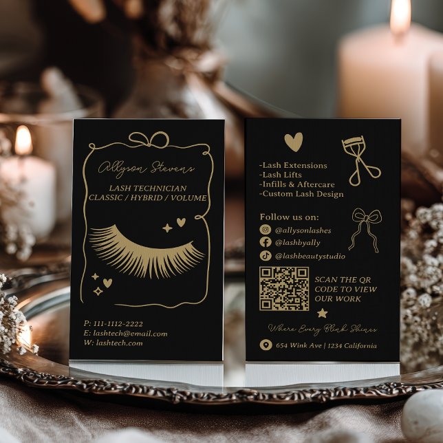 Cartão De Visita Retro gold black Doodles Lash Tech QR Code (Retro gold black Doodles Lash Tech QR Code Business Card)