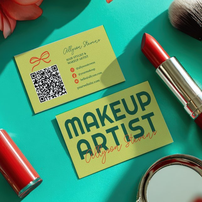 Cartão De Visita Retro Green Citrus Makeup Artist QR Code (Retro Green Citrus Makeup Artist QR Code Business Card)