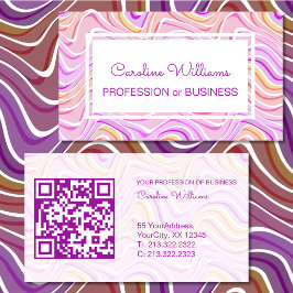 Cartão De Visita Retro Groovy Abstrato Ondulado Roxo Rosa Branco QR