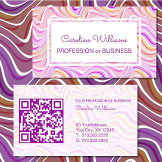 Cartão De Visita Retro Groovy Abstrato Ondulado Roxo Rosa Branco QR