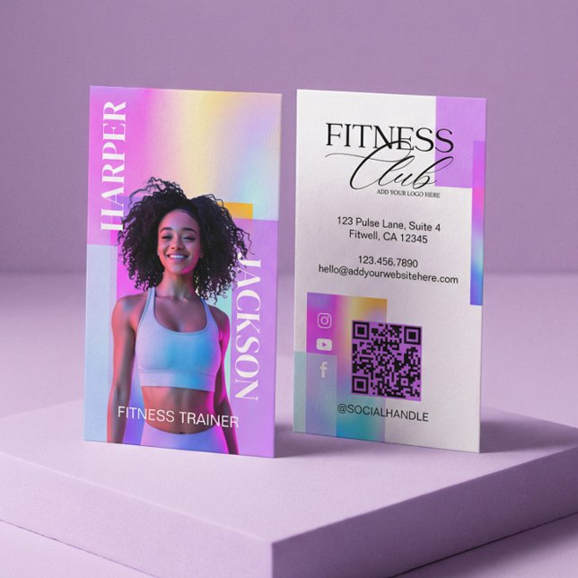 Cartão De Visita Retro Iridescent Holographic Fitness Trainer Photo (Retro Iridescent Holographic Fitness Trainer Photo Business Card)