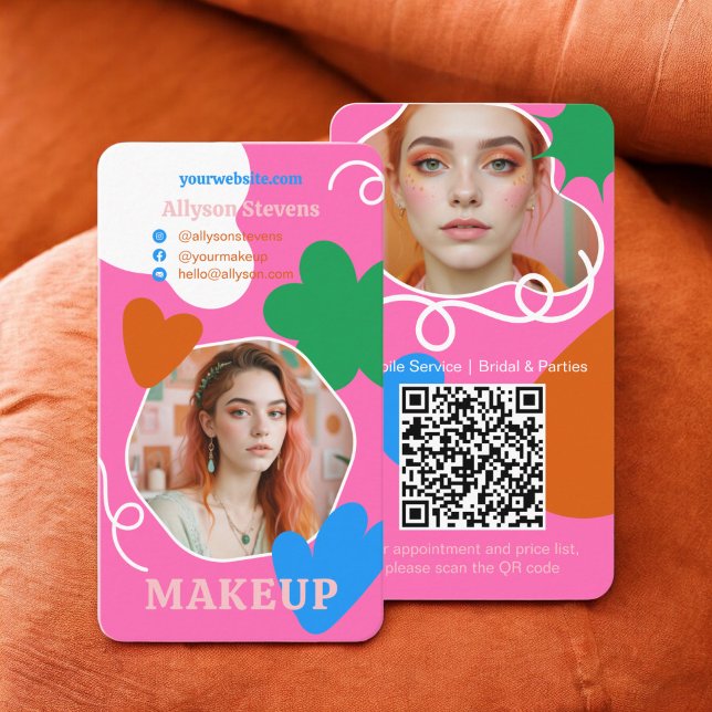 Cartão De Visita Retro Makeup Beauty forma foto qr code rosa (Retro Makeup beauty shapes photo qr code pink Business Card)