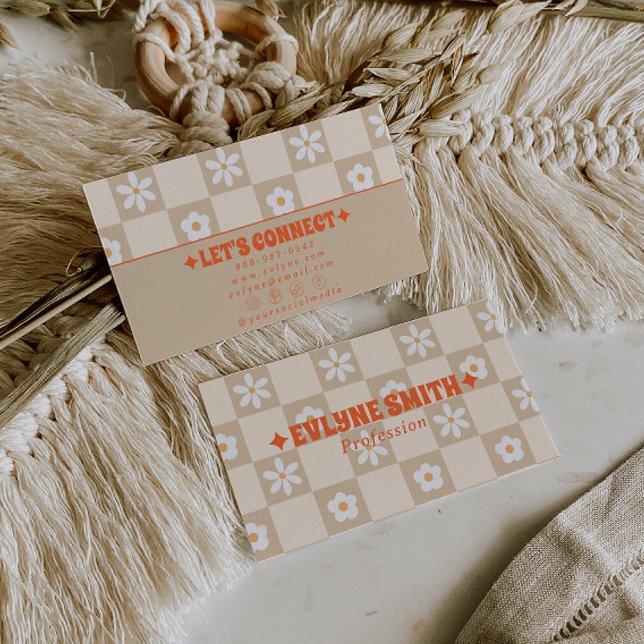Cartão De Visita Retro Orange Beige Checkered Groovy Floral Boho  (Criador carregado)