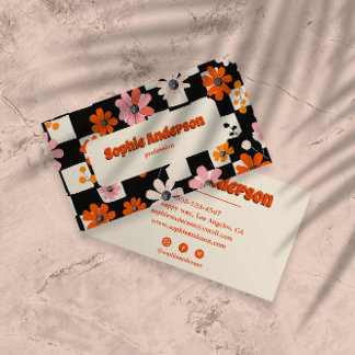 Cartão De Visita Retro Orange Floral Checkered Business Card
